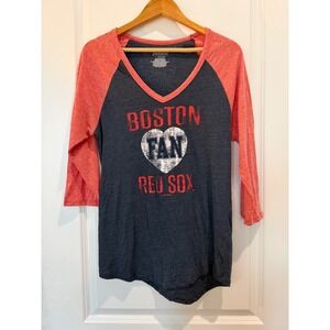 5th & Ocean Boston Red Sox Baseball Tee Navy Red Raglan V-Neck Top Large